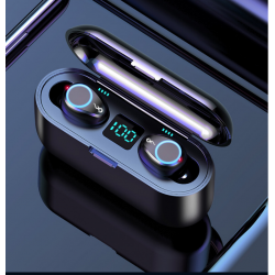 Mini Stereo TWS Earbuds Headset with PowerBank LED Digital Battery Display and Stand F9 (Black)